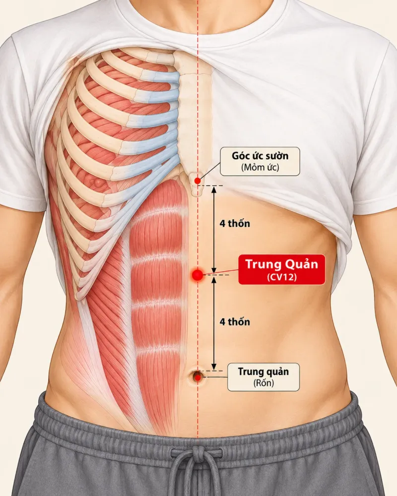 Sơ đồ giải phẫu màu sắc xác định vị trí huyệt Trung Quản CV12