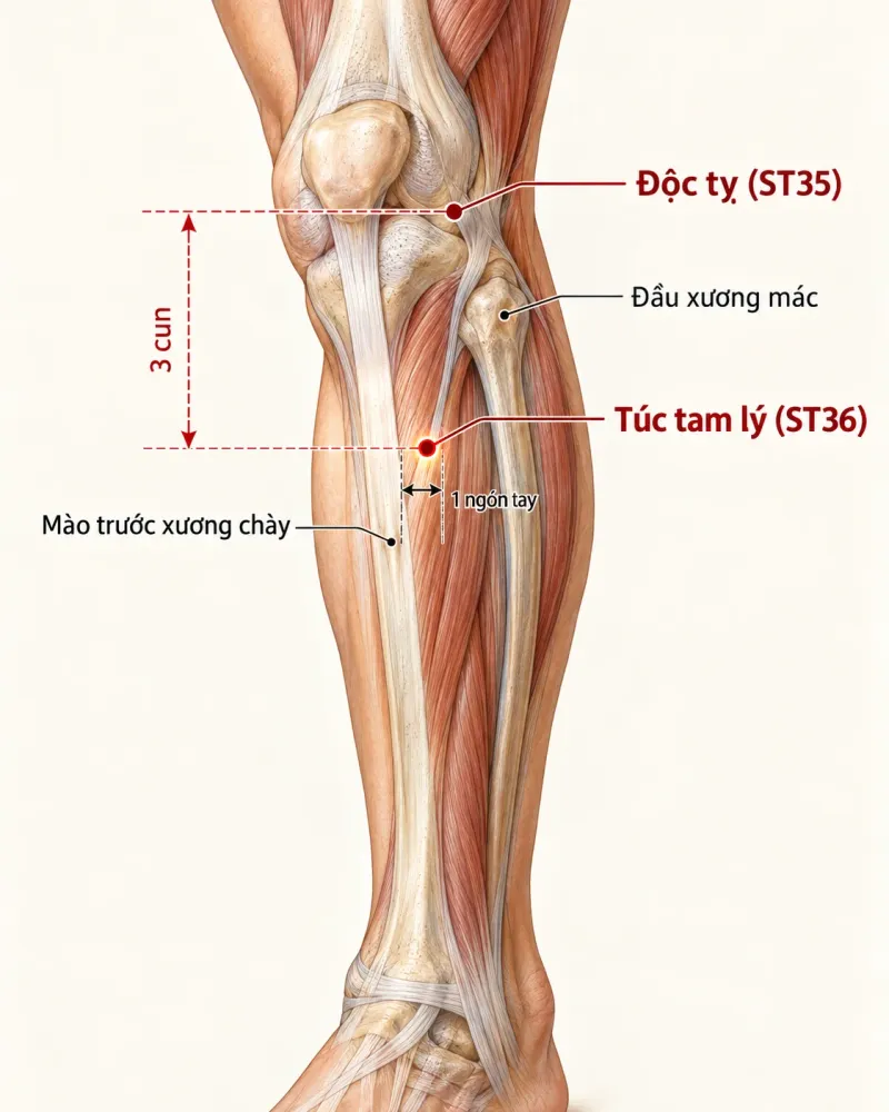 Sơ đồ giải phẫu màu sắc xác định vị trí huyệt Túc Tam Lý ST36